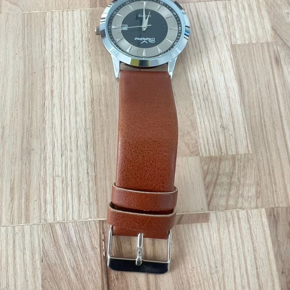 Charisma mens silver tone brown leather dress watch NEW BATTERY